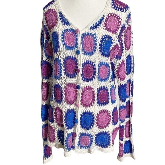 Haband Tops - Haband Womens Medium Granny Square Purple & Blue with White Crochet Jacket
